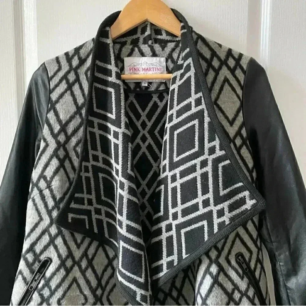 Pink  Martini Jacket Faux Leather Wool Open Front Draped Moto Black Grey Small - Picture 5 of 16